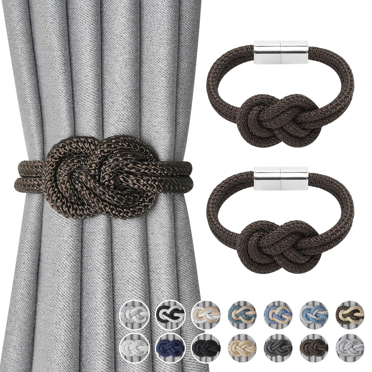 NICEEC 2 Pack Mini Magnetic Curtain Tiebacks Nordic Simple Style Drape Tie Backs Elegant Hand Weave Rope Knot Decorative Curtain Holdbacks for Home & Office Thin Window Drapery (Silver Grey)