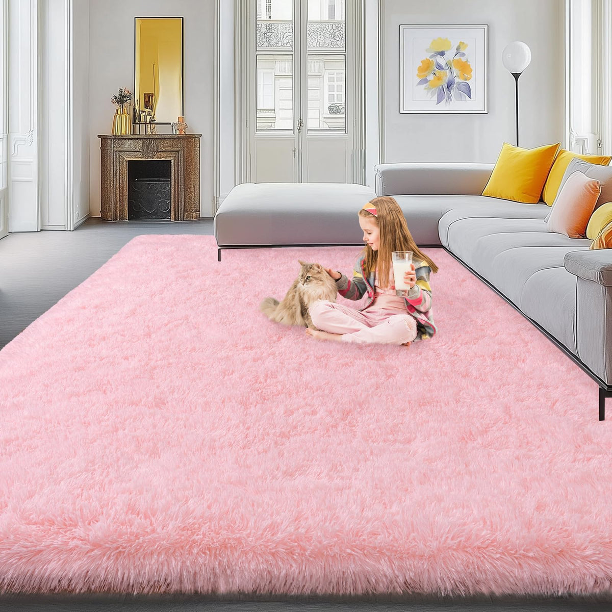 4Ft Fluffy Pink Round Rug for Girls Bedroom Kids Room, Washable Non-Slip