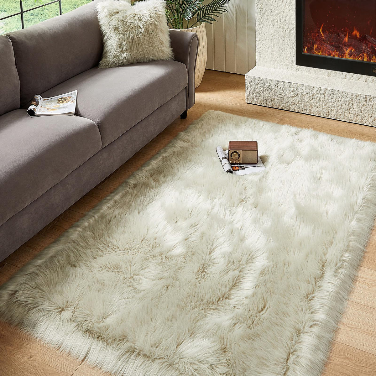 AMTOVO Faux Sheepskin Rug, Beige Ultra Soft Fluffy Shag Area Rug, 2 x 6 ft Faux Fur Rug for Bedroom Sofa Throw Cushion Room Decor, Sheepskin