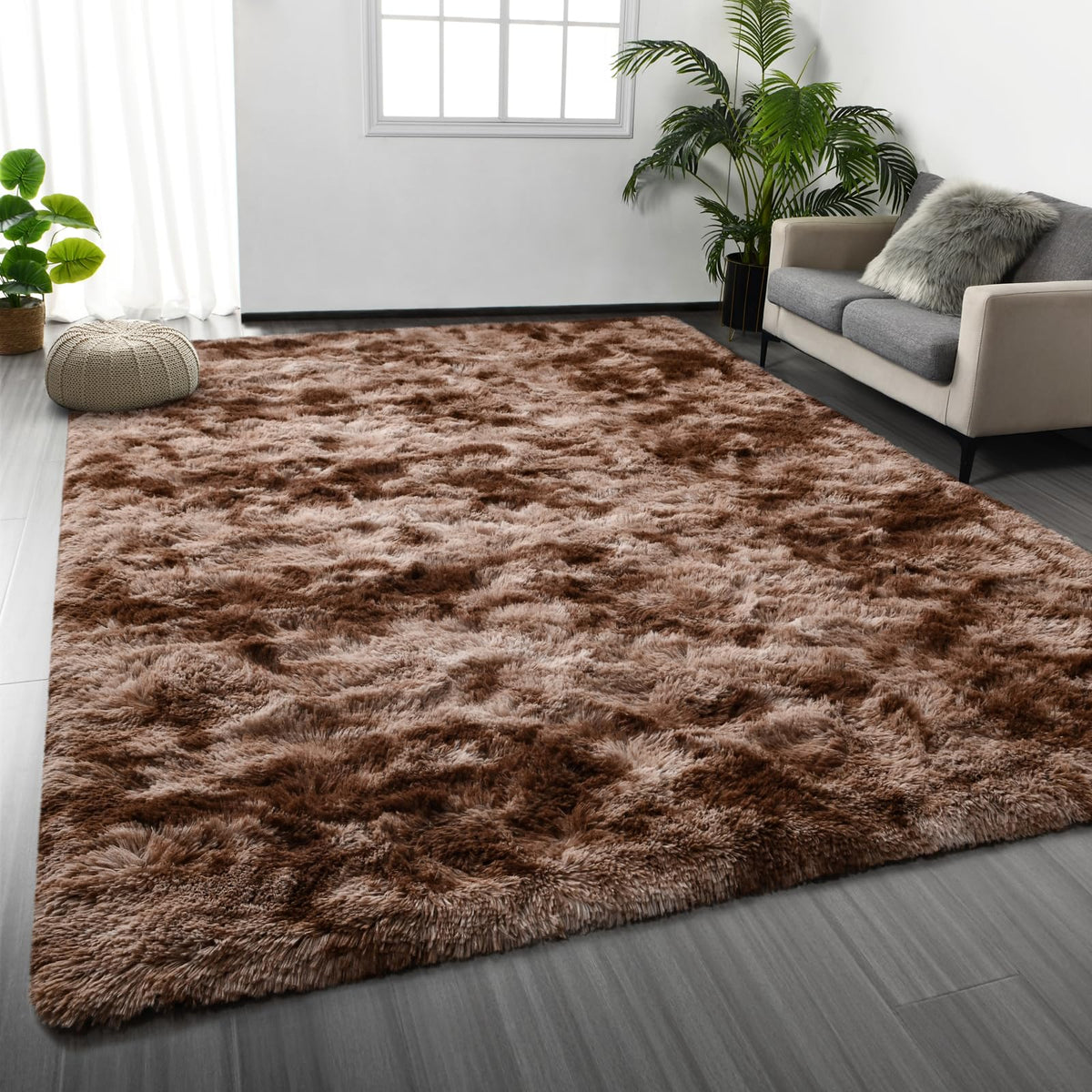 Deerhoo Large Shag Area Rugs 6 x 9, Tie-Dyed Plush Fuzzy Rugs, Dark Grey