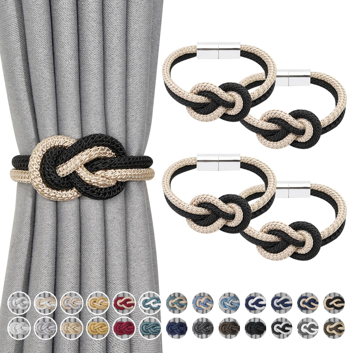 NICEEC 2 Pack Mini Magnetic Curtain Tiebacks Nordic Simple Style Drape Tie Backs Elegant Hand Weave Rope Knot Decorative Curtain Holdbacks for Home & Office Thin Window Drapery (Silver Grey)