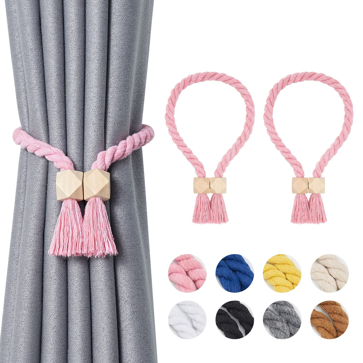 NICEEC 2 Pack Wooden Ball Magnetic Curtain Tiebacks Boho Home Decor Drape Tie Backs Natural Cotton Hand Woven Rope Curtain Holdbacks for Thin & Thick Home & Office Window Draperies (Beige)