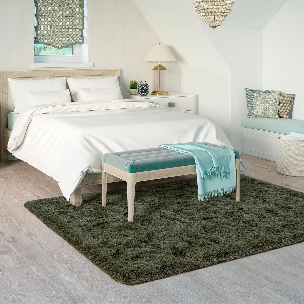 Goideal Fluffy Rug for Bedroom Living Room, 6x9 Olive Green Area Rugs, Faux Fur Shag Modern Carpet Ultra Soft Girls Boys Room Home Decor, Solid