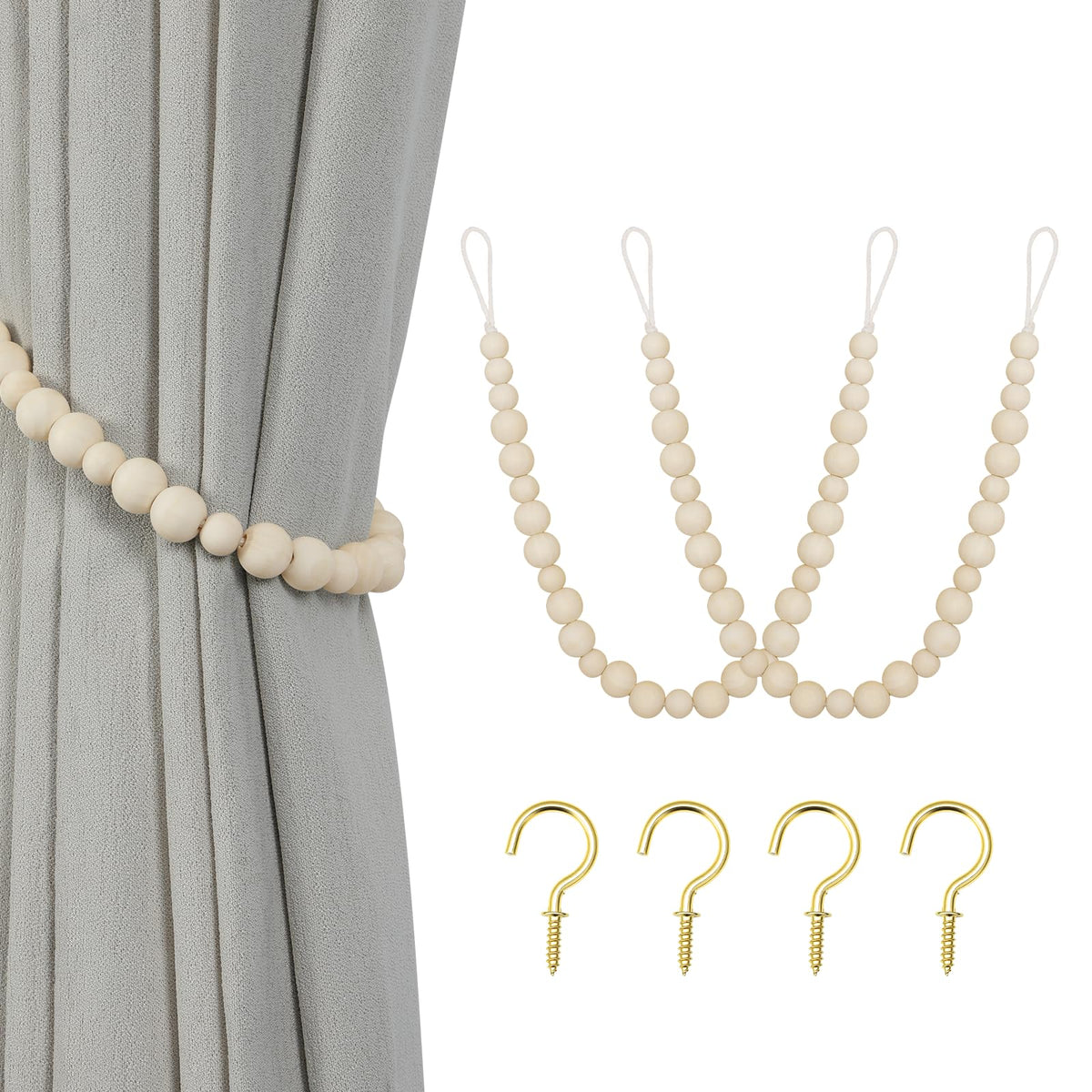 KLOGTSIND Wood Bead Curtain Tiebacks, 2 Pack Curtain Tie Backs with Hooks