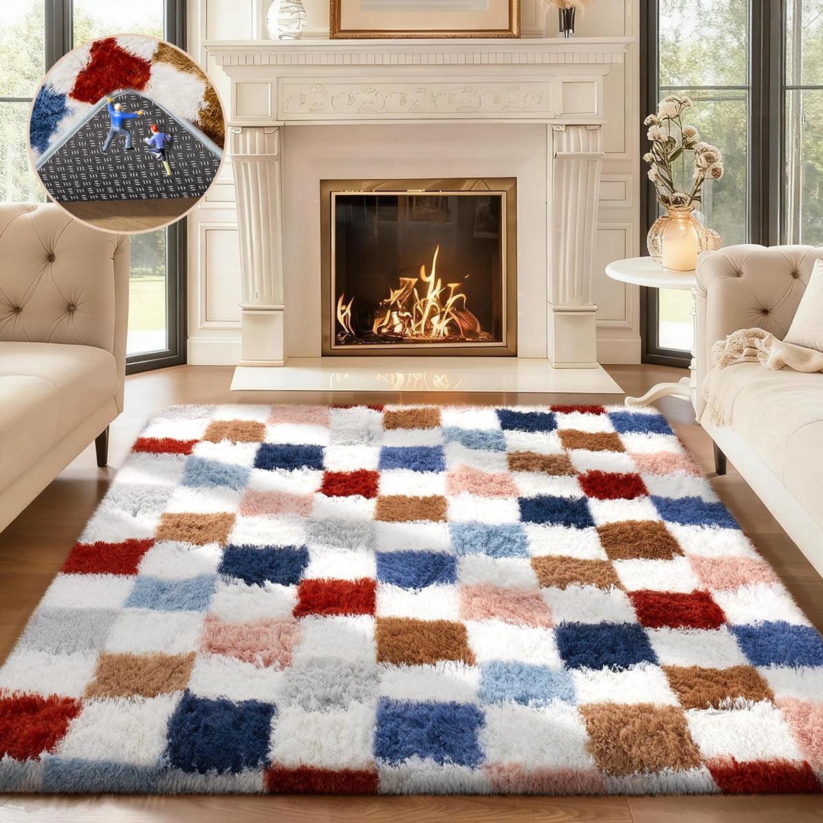 Ophanie 8x10 Area Rugs for Living Room, Washable Non-Slip Fluffy Soft Large Shag Bedroom Carpet, Ivory Big Indoor Nursery Rug, Carpets for Boy and Girls Room Dorm Decor with Over 99 pcs Pile fibers