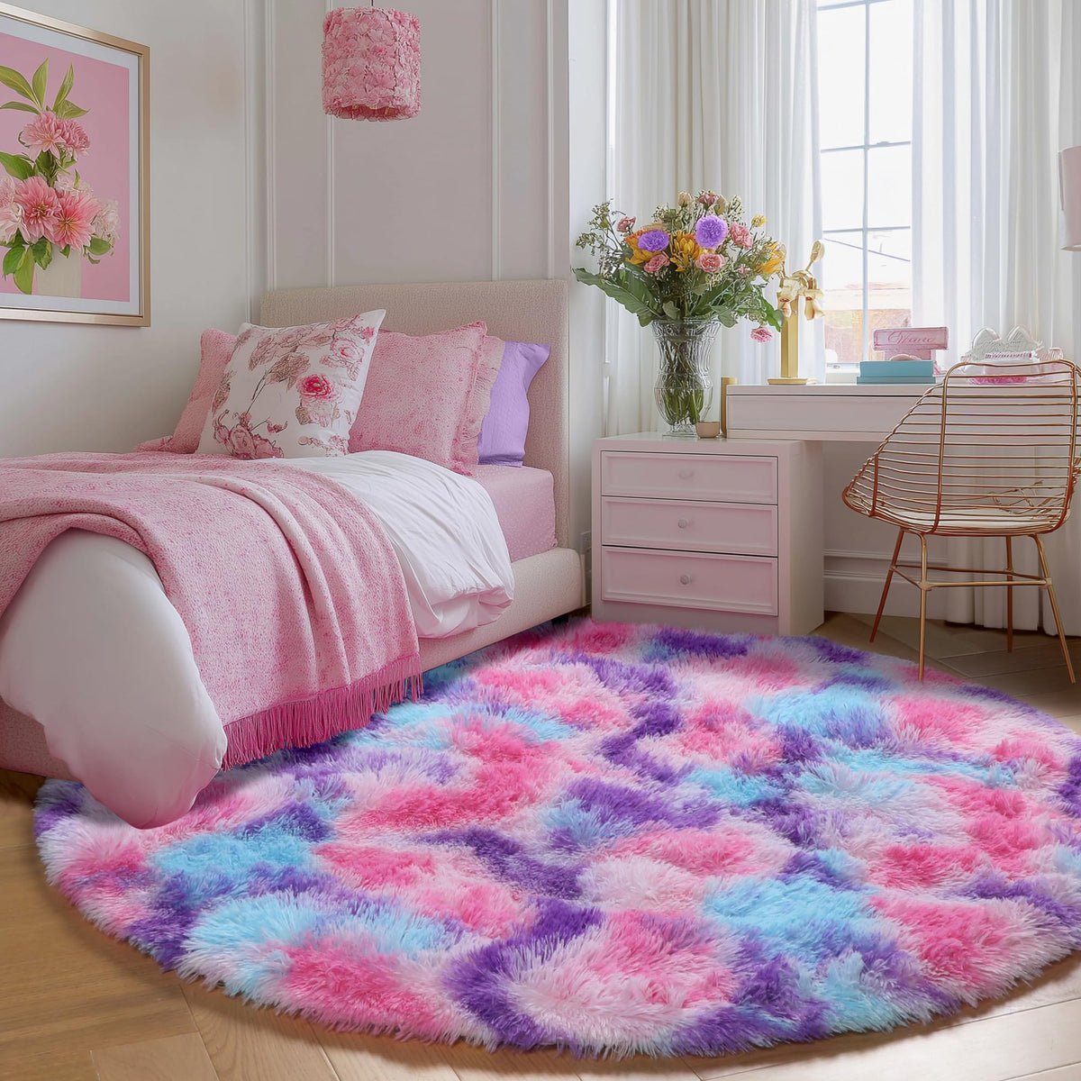 Pink Round Rug for Girls Bedroom 4Ft, Fluffy Shaggy Fuzzy Circle Area Rugs