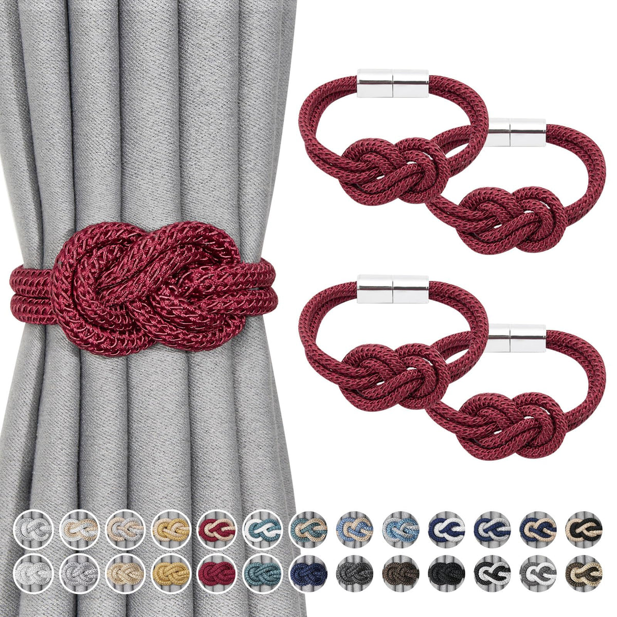 NICEEC 2 Pack Mini Magnetic Curtain Tiebacks Nordic Simple Style Drape Tie Backs Elegant Hand Weave Rope Knot Decorative Curtain Holdbacks for Home & Office Thin Window Drapery (Silver Grey)