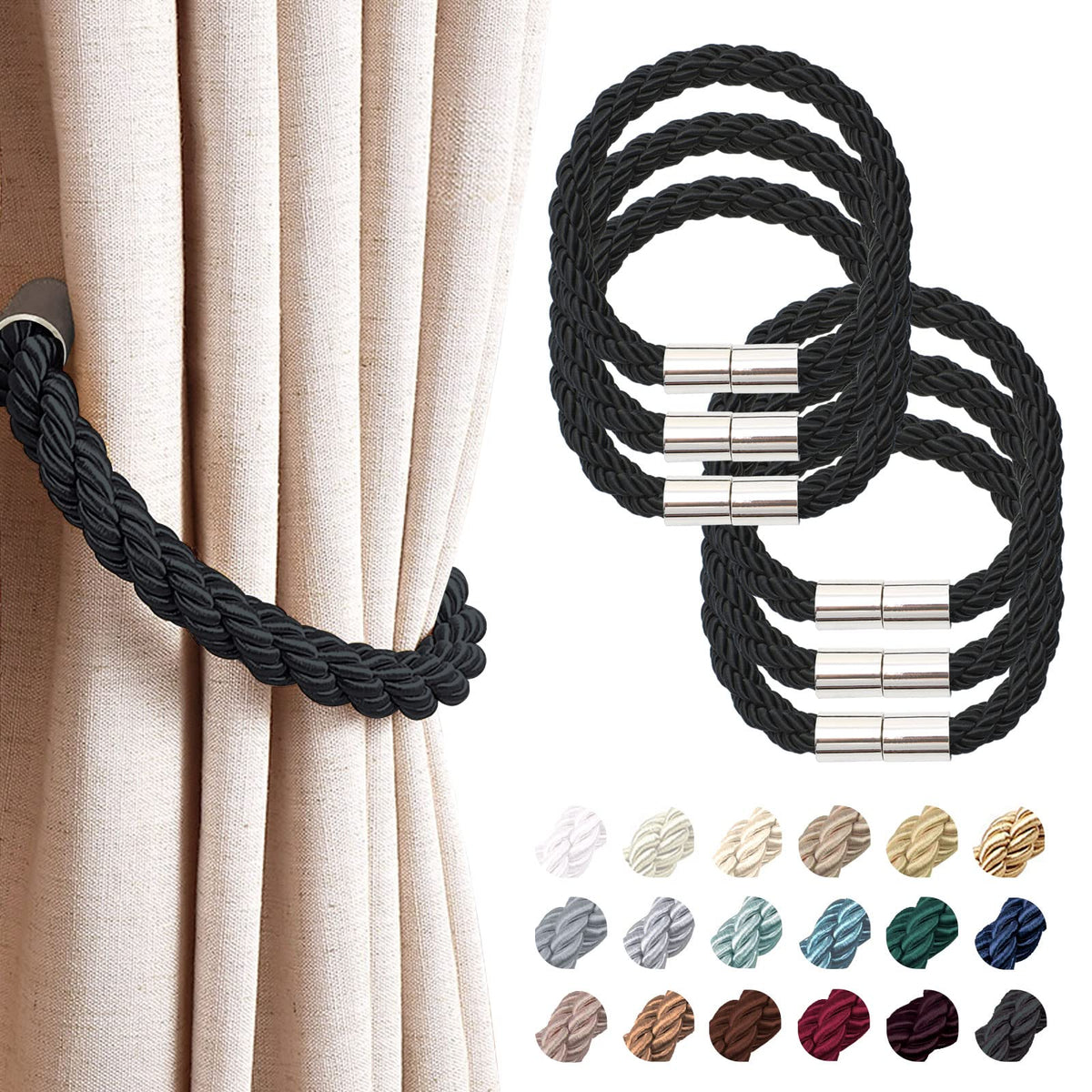 NICEEC 2 Pack Strong Magnetic Curtain Tiebacks Modern Simple Style Drape Tie Backs Convenient Decorative Weave Rope Curtain Holdbacks for Thin or Thick Home & Office Window Draperies (Beige)