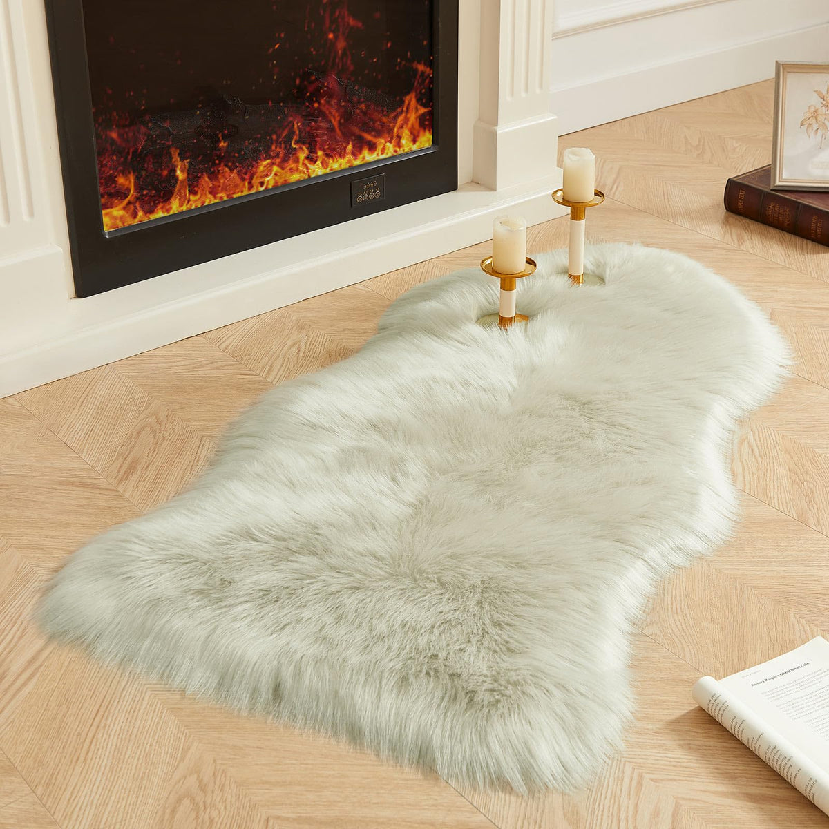 AMTOVO Faux Sheepskin Rug, Beige Ultra Soft Fluffy Shag Area Rug, 2 x 6 ft Faux Fur Rug for Bedroom Sofa Throw Cushion Room Decor, Sheepskin