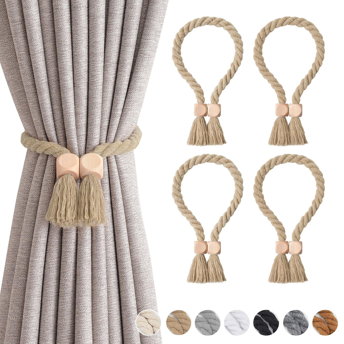 NICEEC 2 Pack Wooden Ball Magnetic Curtain Tiebacks Boho Home Decor Drape Tie Backs Natural Cotton Hand Woven Rope Curtain Holdbacks for Thin & Thick Home & Office Window Draperies (Beige)