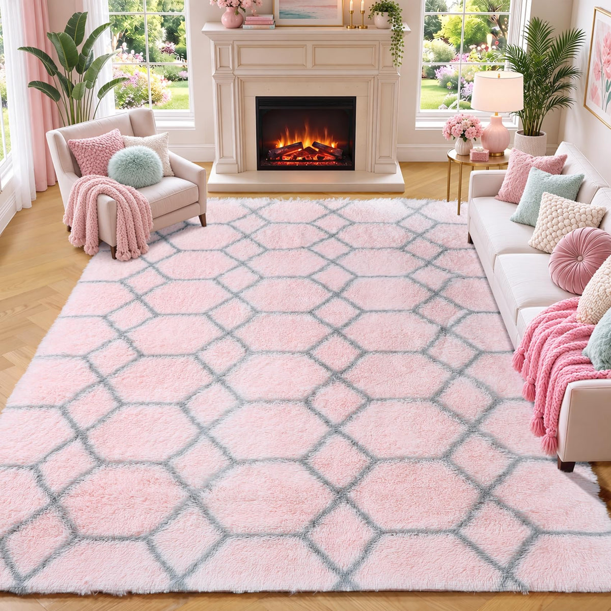 Area Rugs for Living Room Bedroom, 5x8 Fluffy Tie-Dyed Light Grey Shag Rug