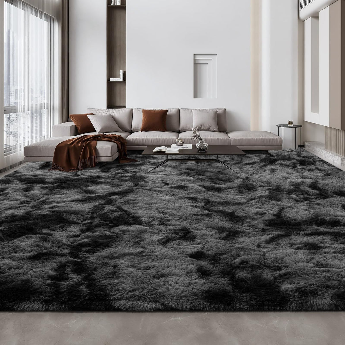 Deerhoo Large Shag Area Rugs 6 x 9, Tie-Dyed Plush Fuzzy Rugs, Dark Grey