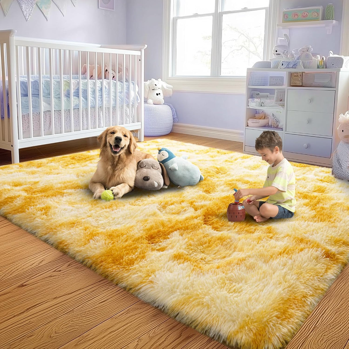 Large 8x10 Area Rugs for Living Room, Tie-Dyed Yellow Soft Shag Rug
