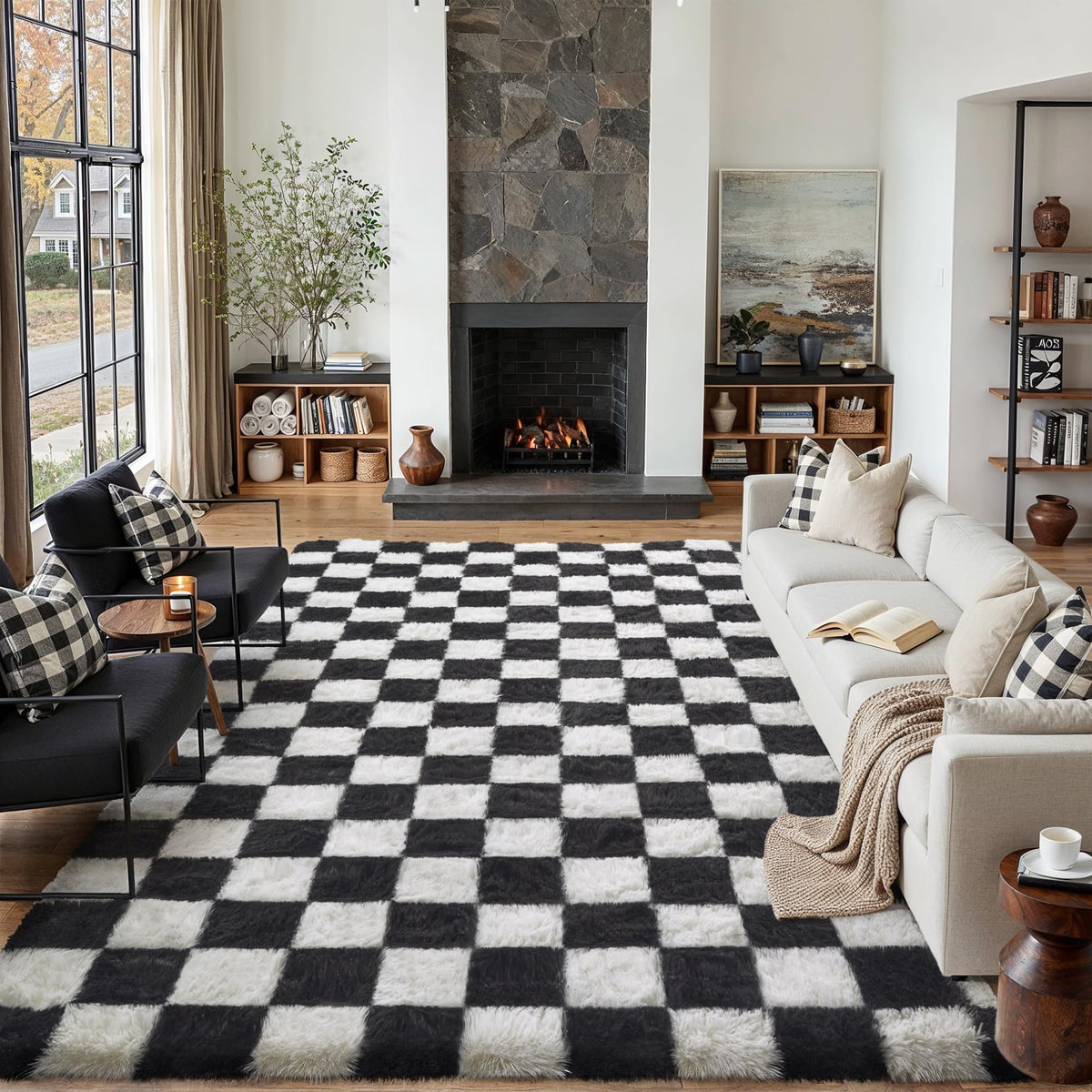 PureCozy Beige 8x10 Area Rug for Living Room Soft Checkered Shag Carpet