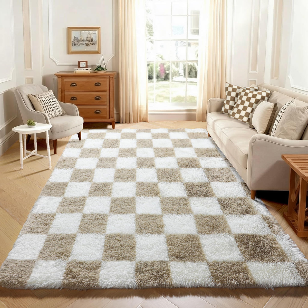 KICMOR Area Rugs 8x10 for Living Room, Large Fluffy Beige and Cream White Checkered Rug Big Fuzzy Shag Shaggy Carpets for Bedroom, Soft Plush Furry Rug for Boy Girls Room Dorm Home Decor Aesthetic