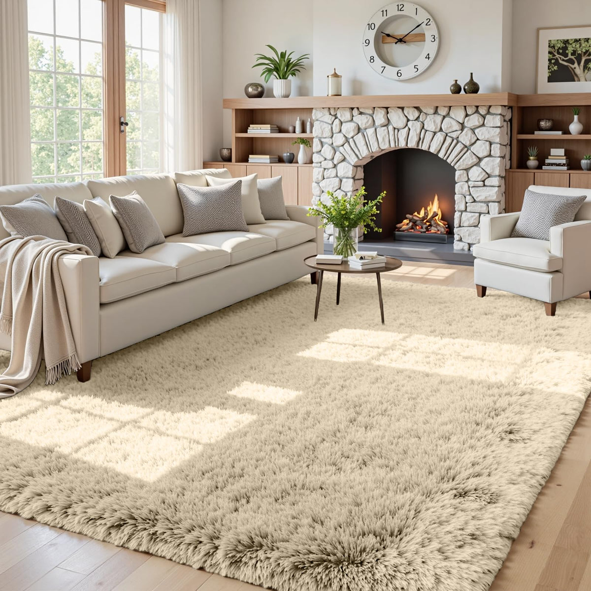 8x10 Fluffy Shag Area Rugs for Living Room Bedroom: Soft Carpet Gray Camel