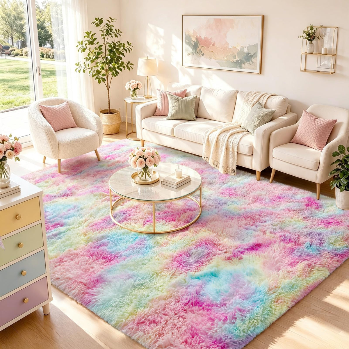 Ophanie 8x10 Area Rugs for Living Room, Washable Non-Slip Fluffy Soft Large Shag Bedroom Carpet, Ivory Big Indoor Nursery Rug, Carpets for Boy and Girls Room Dorm Decor with Over 99 pcs Pile fibers