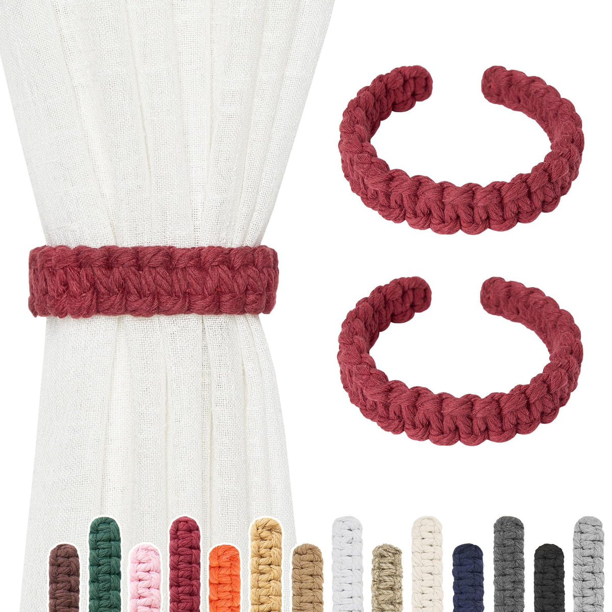 NICEEC 2 Pack Natural Cotton Rope Curtain Tiebacks Farmhouse Rustic Style Decorative Drape Tie Backs Handmade Braided Curtain Holdbacks for Home & Office Sheer/Light Weight Drapery (C-White-S)