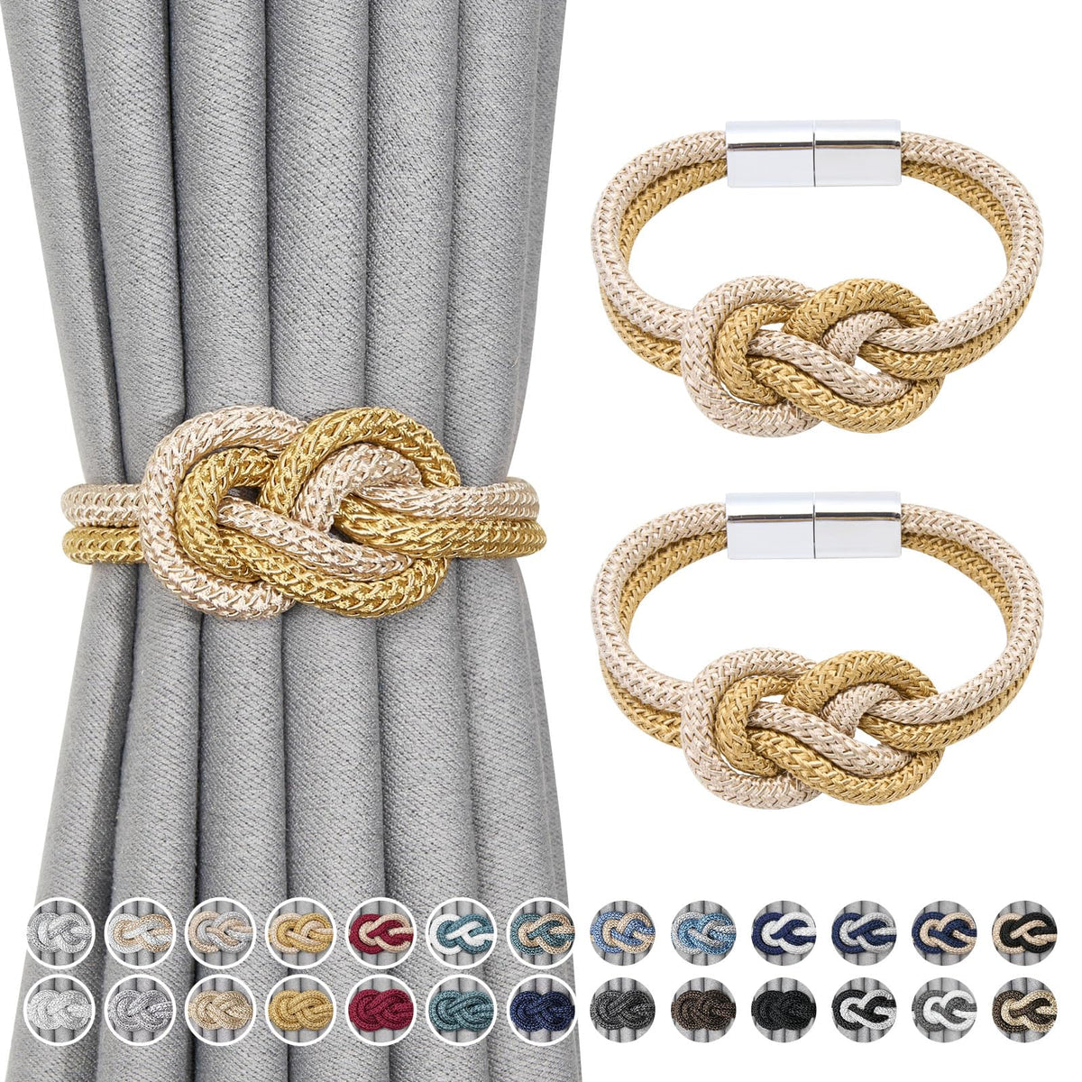 NICEEC 2 Pack Mini Magnetic Curtain Tiebacks Nordic Simple Style Drape Tie Backs Elegant Hand Weave Rope Knot Decorative Curtain Holdbacks for Home & Office Thin Window Drapery (Silver Grey)