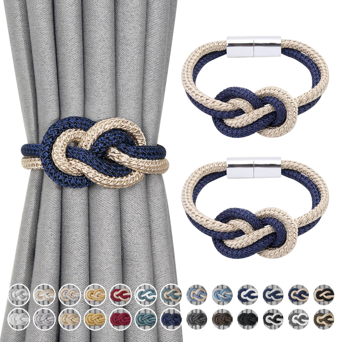NICEEC 2 Pack Mini Magnetic Curtain Tiebacks Nordic Simple Style Drape Tie Backs Elegant Hand Weave Rope Knot Decorative Curtain Holdbacks for Home & Office Thin Window Drapery (Silver Grey)