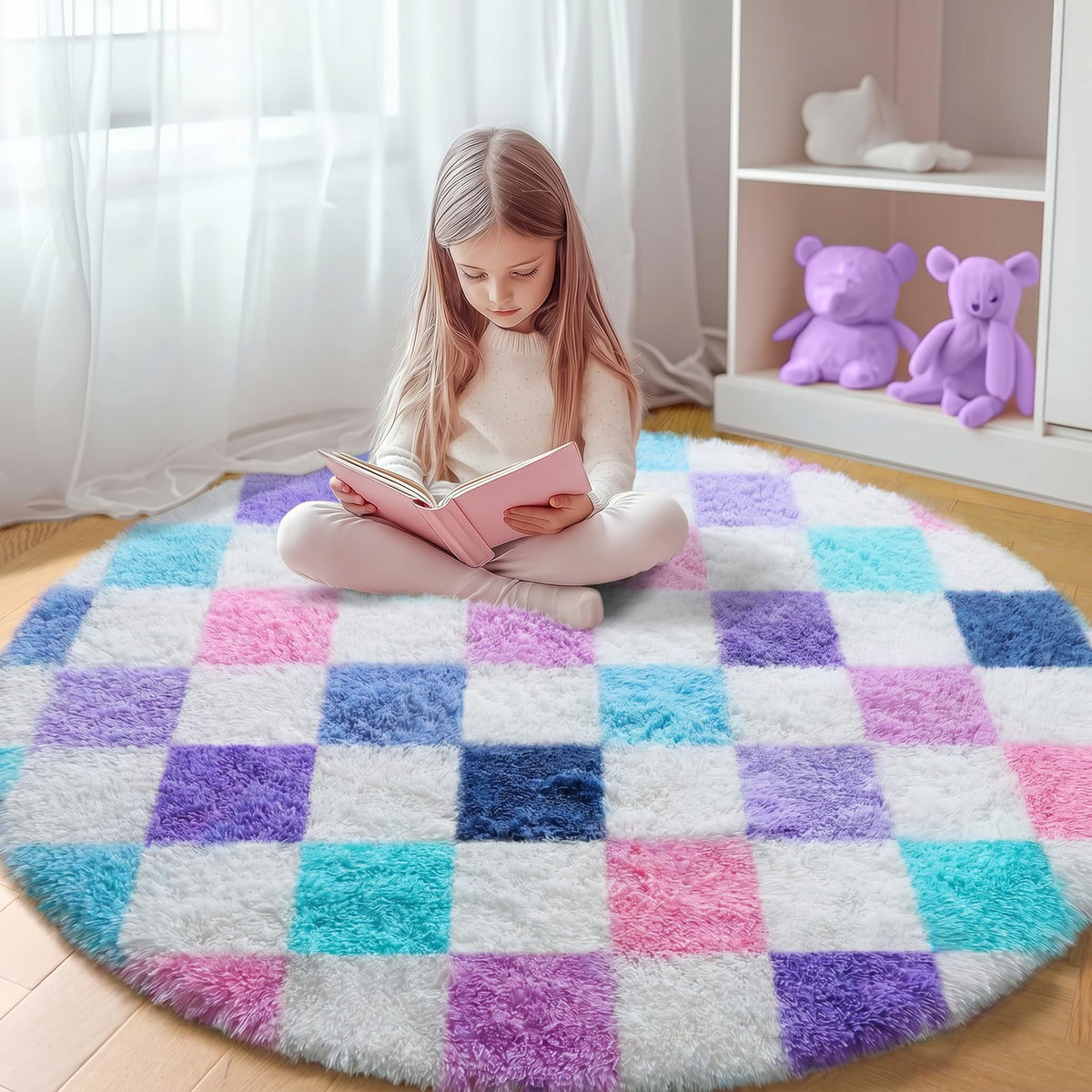 KICMOR Area Rugs 8x10 for Living Room, Large Fluffy Beige and Cream White Checkered Rug Big Fuzzy Shag Shaggy Carpets for Bedroom, Soft Plush Furry Rug for Boy Girls Room Dorm Home Decor Aesthetic
