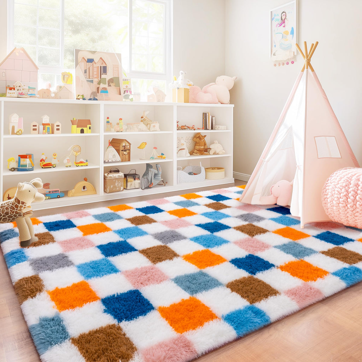 8x10 Area Rugs for Living Room, Large Ultra Fluffy Fuzzy Shag Rug for Bedroom, Modern Plush Soft High Pile Upgrade Non-Slip Carpet for Kids Girls and Boys Room Decor, Tie-Dyed Blue Grey