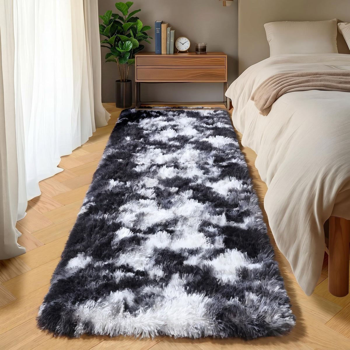 Area Rugs for Living Room Bedroom, 5x8 Fluffy Tie-Dyed Light Grey Shag Rug