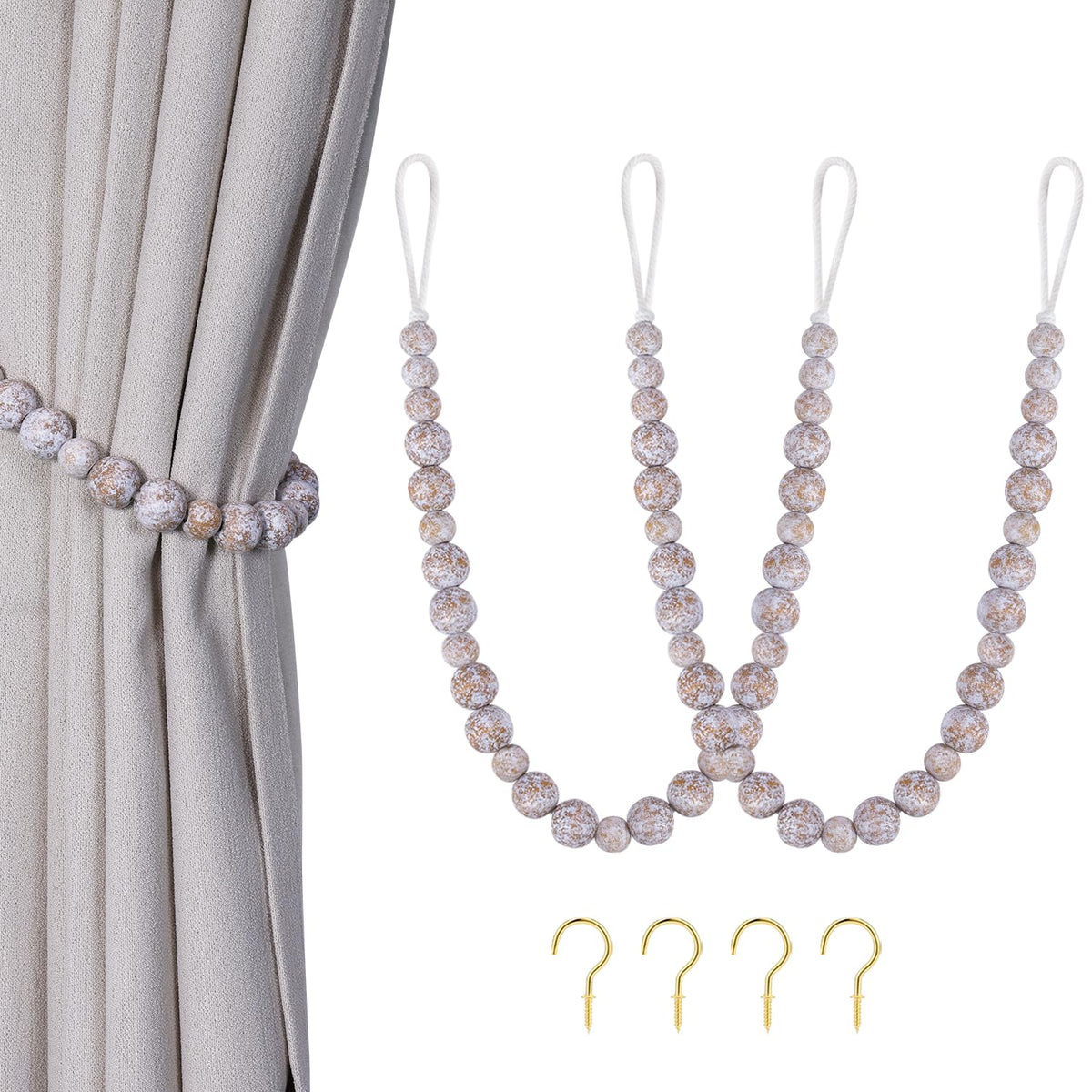 KLOGTSIND Wood Bead Curtain Tiebacks, 2 Pack Curtain Tie Backs with Hooks