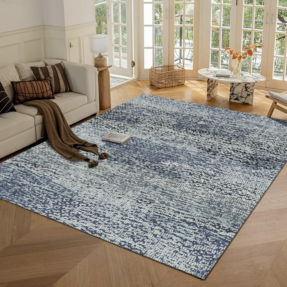 RUGSURE Washable Area Rugs 9' x 12' - 1/6 Thick - Moroccan-Inspired -Stain & Water Resistant Non-Slip - Resistant Rug for Living Room, Bedroom, Nursery, Pet & Child Friendly (Blue and Brown)