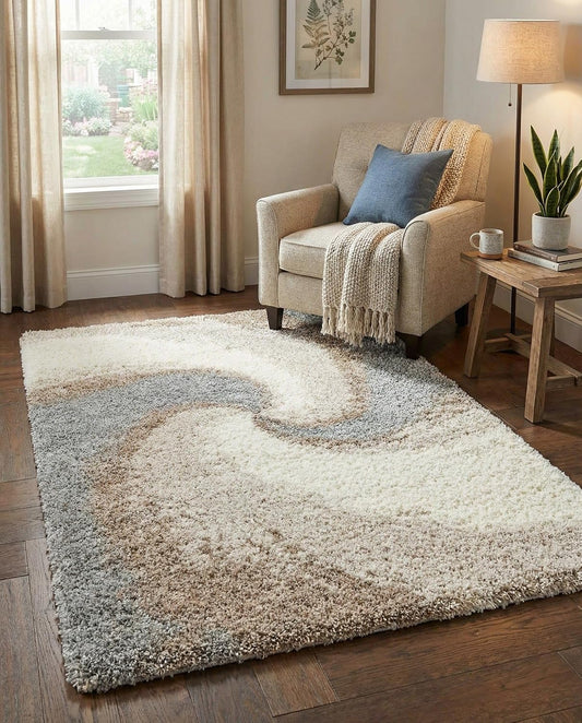 Rugs.com - Soft Touch Shag Rug – 4' 1 x 6' 1 Khaki Shag Rug – Plush Abstract Design for Bedrooms, Living Rooms, and Home Offices