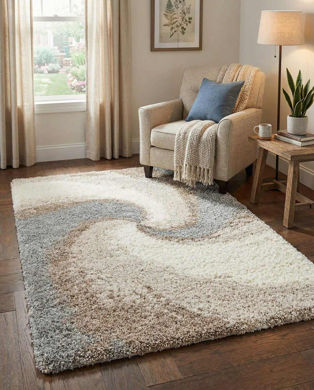 Rugs.com - Soft Touch Shag Rug – 4' 1 x 6' 1 Khaki Shag Rug – Plush Abstract Design for Bedrooms, Living Rooms, and Home Offices