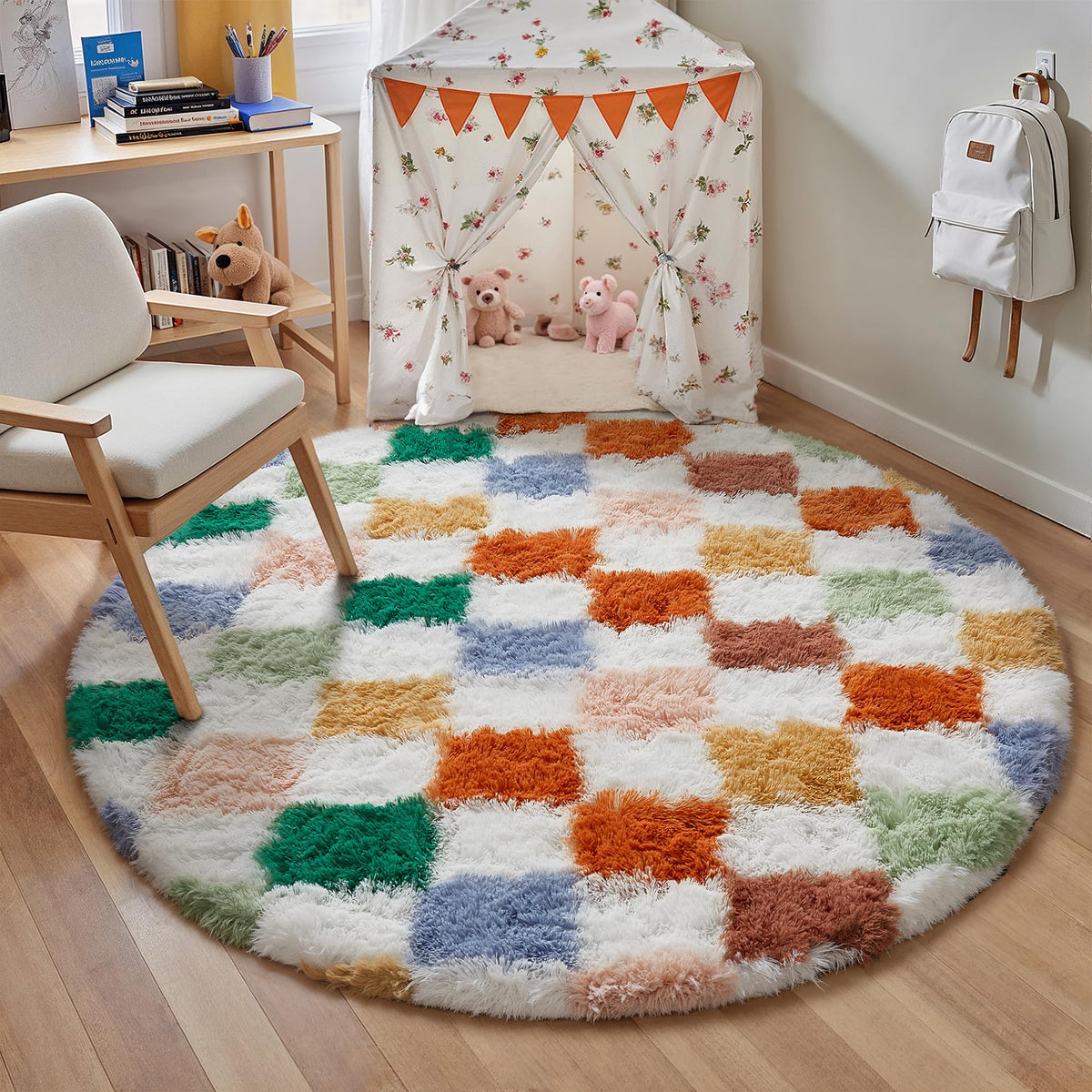 PureCozy Beige 8x10 Area Rug for Living Room Soft Checkered Shag Carpet