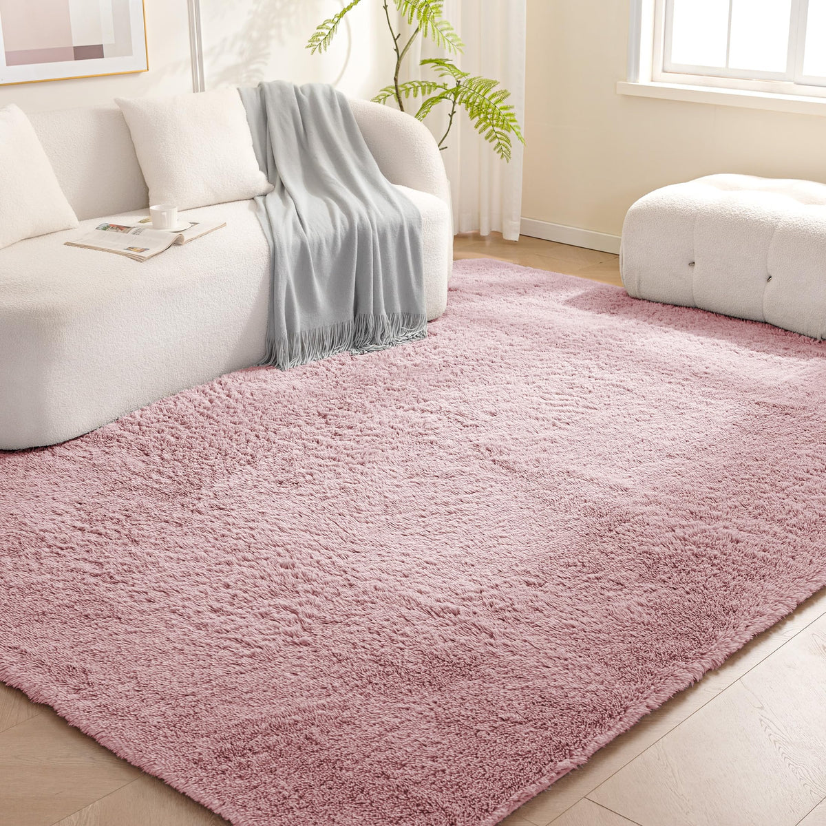 Amazon Basics Fluffy Washable Area Rug, Shaggy Carpet for Living Room, Bedroom, 5' W × 7' L, Pink