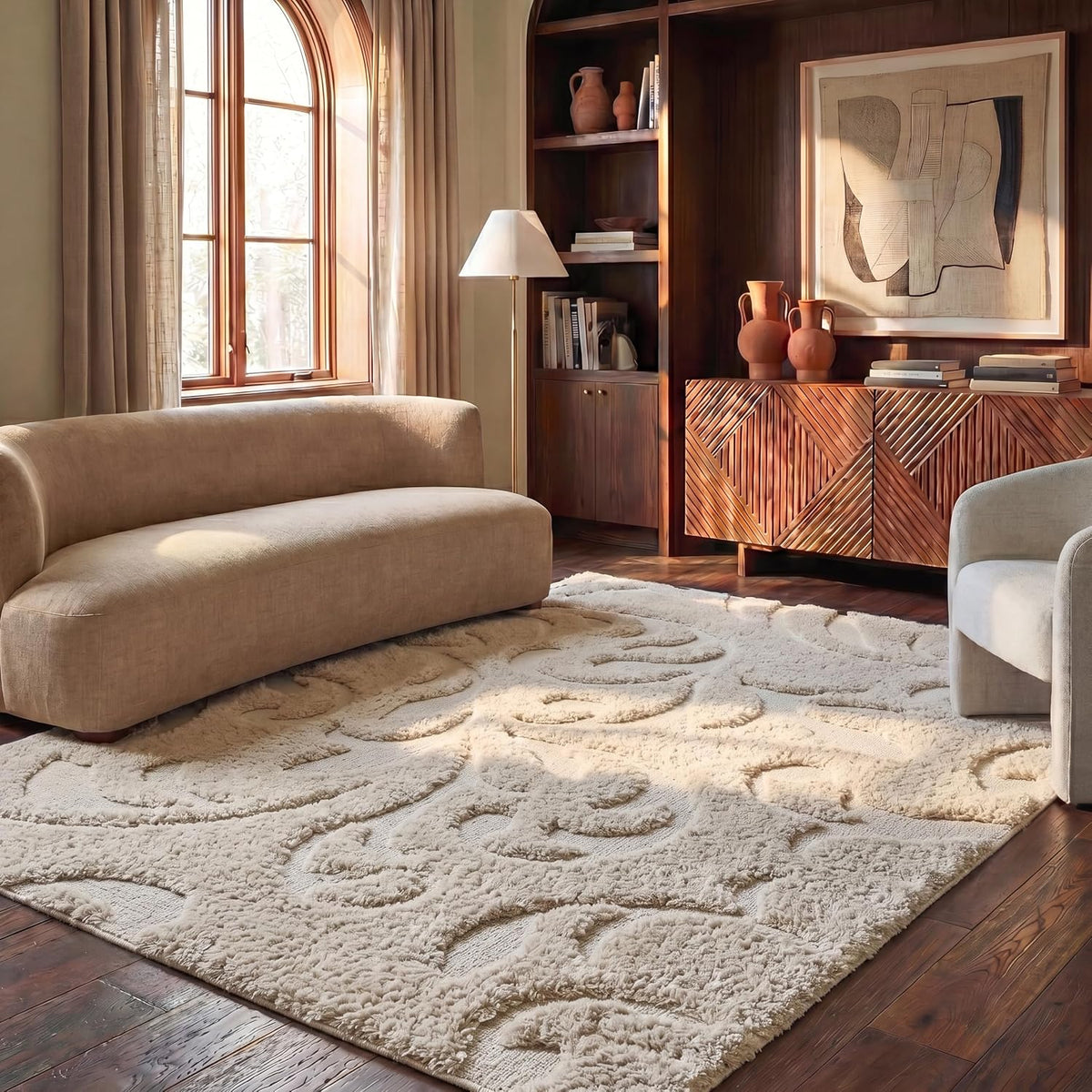 SAFAVIEH Florida Shag Collection Area Rug - 8'6" x 12', Creme & Creme, Scroll Design, Non-Shedding & Easy Care, 1.2-inch Thick Ideal for High Traffic Areas in Living Room, Bedroom (SG468-1111)