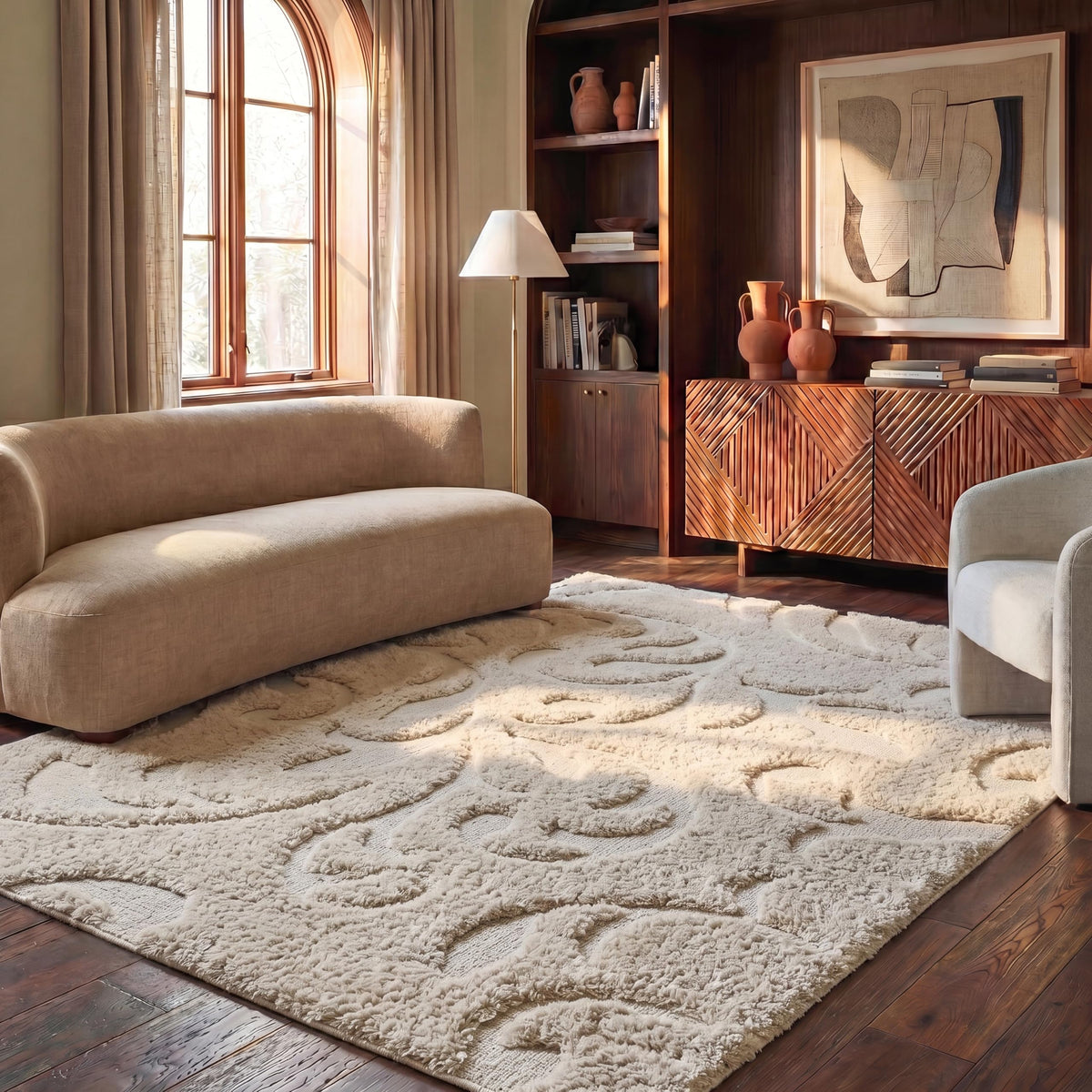 SAFAVIEH Florida Shag Collection Area Rug - 8'6" x 12', Creme & Creme, Scroll Design, Non-Shedding & Easy Care, 1.2-inch Thick Ideal for High Traffic Areas in Living Room, Bedroom (SG468-1111)