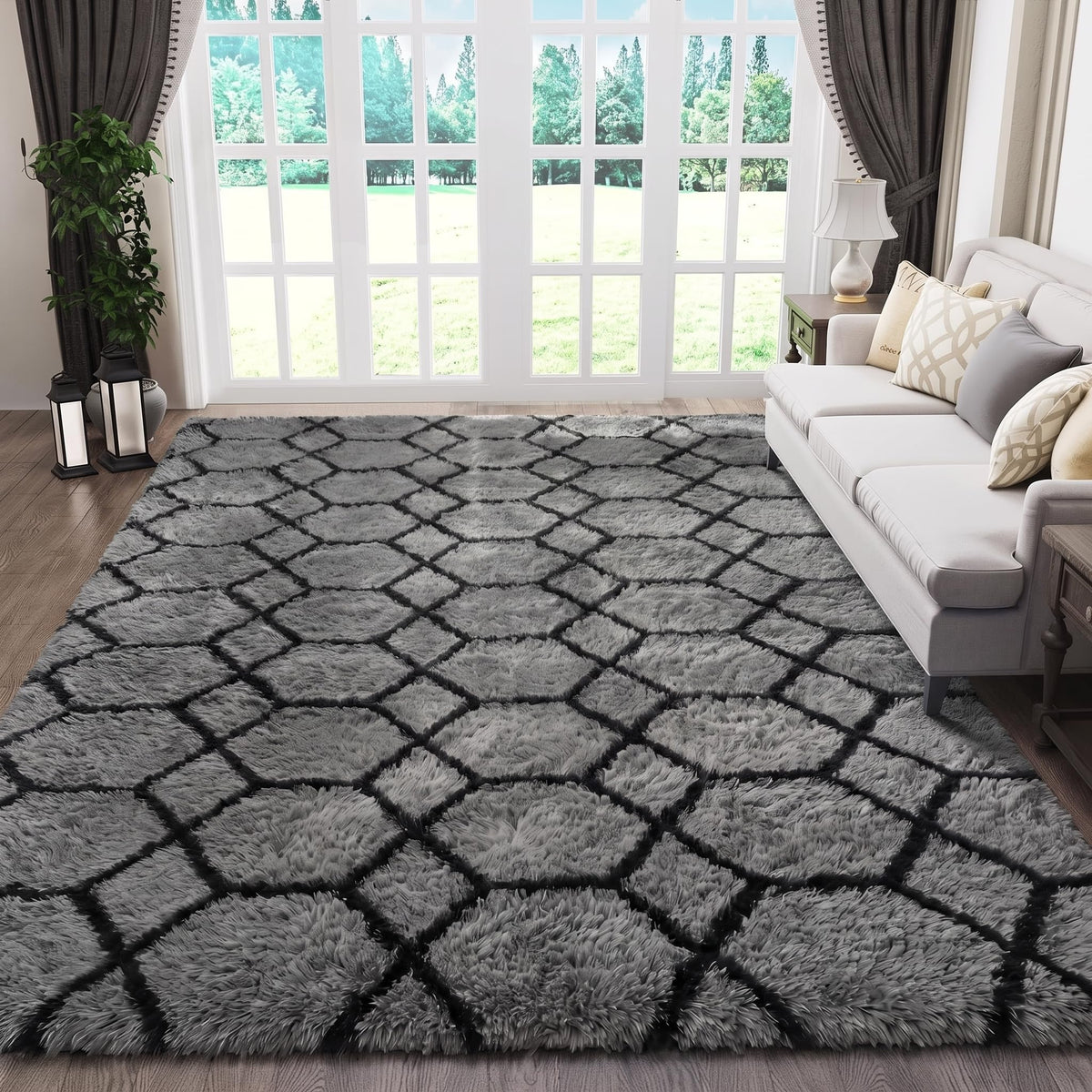 Area Rugs for Living Room Bedroom, 5x8 Fluffy Tie-Dyed Light Grey Shag Rug