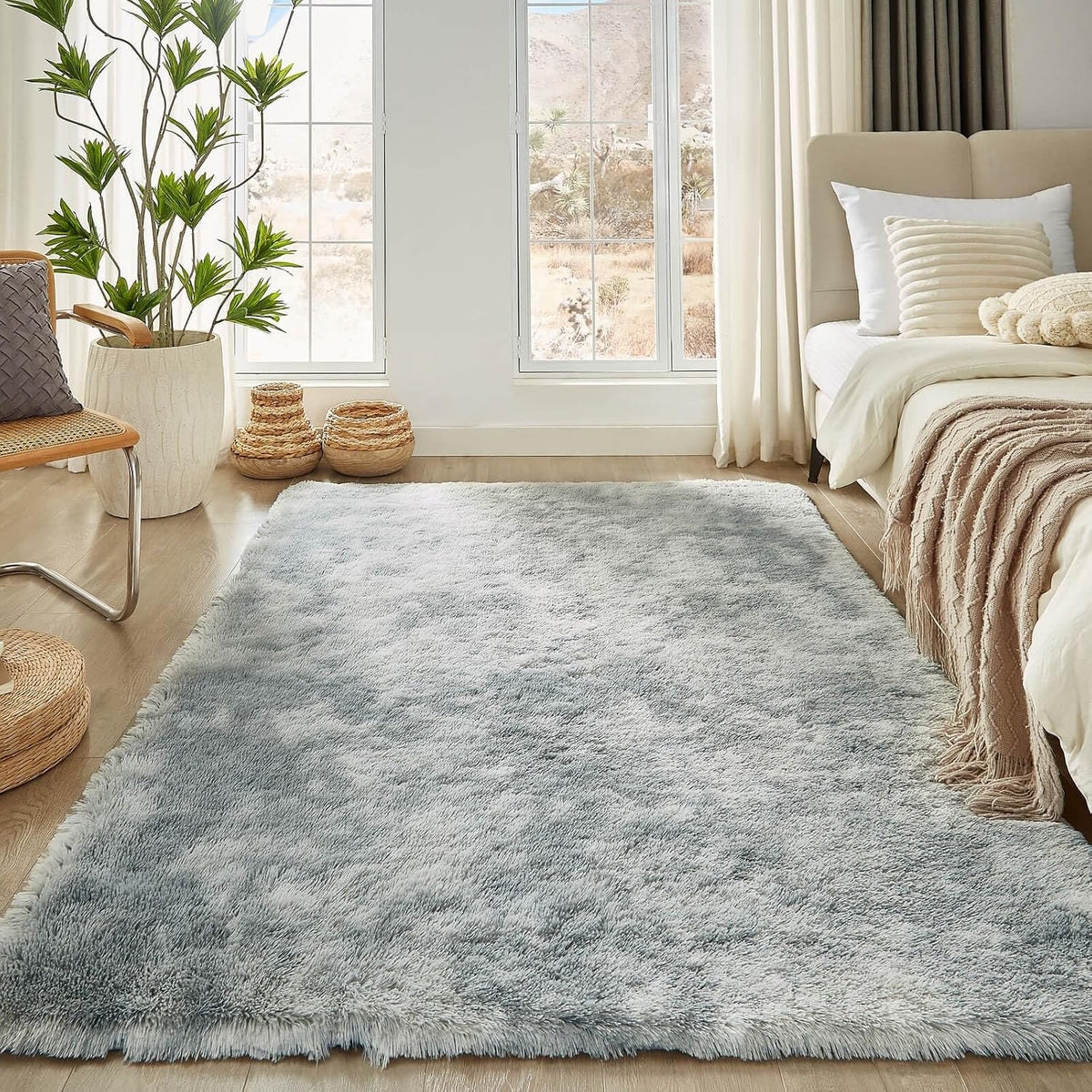 Floralux Rugs for Living Room, 6x9 Large Shag Area Rug, Tie-Dyed Light Grey Soft Fluffy Carpets for Bedroom