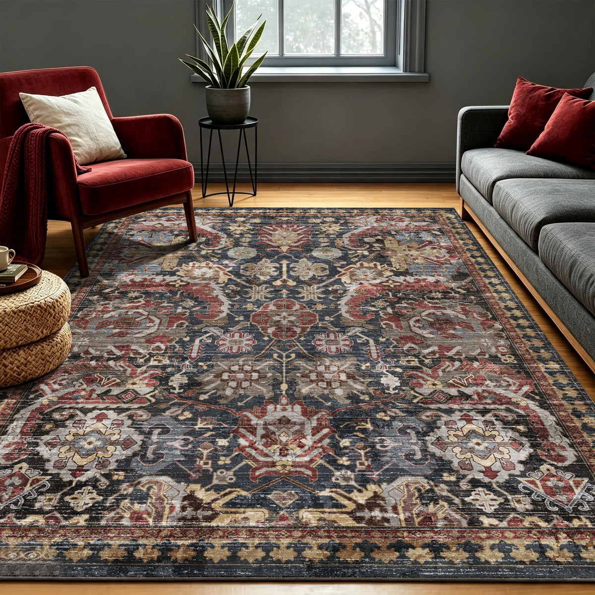 RUGSURE Washable Area Rugs 9' x 12' - 1/6 Thick - Moroccan-Inspired -Stain & Water Resistant Non-Slip - Resistant Rug for Living Room, Bedroom, Nursery, Pet & Child Friendly (Blue and Brown)