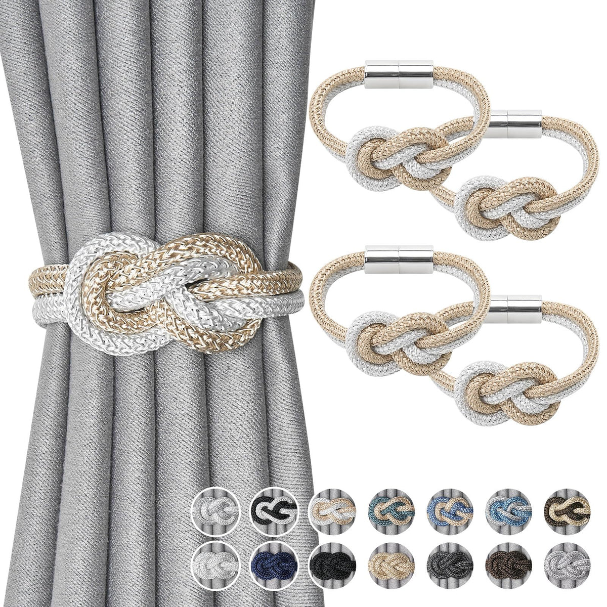 NICEEC 2 Pack Mini Magnetic Curtain Tiebacks Nordic Simple Style Drape Tie Backs Elegant Hand Weave Rope Knot Decorative Curtain Holdbacks for Home & Office Thin Window Drapery (Silver Grey)
