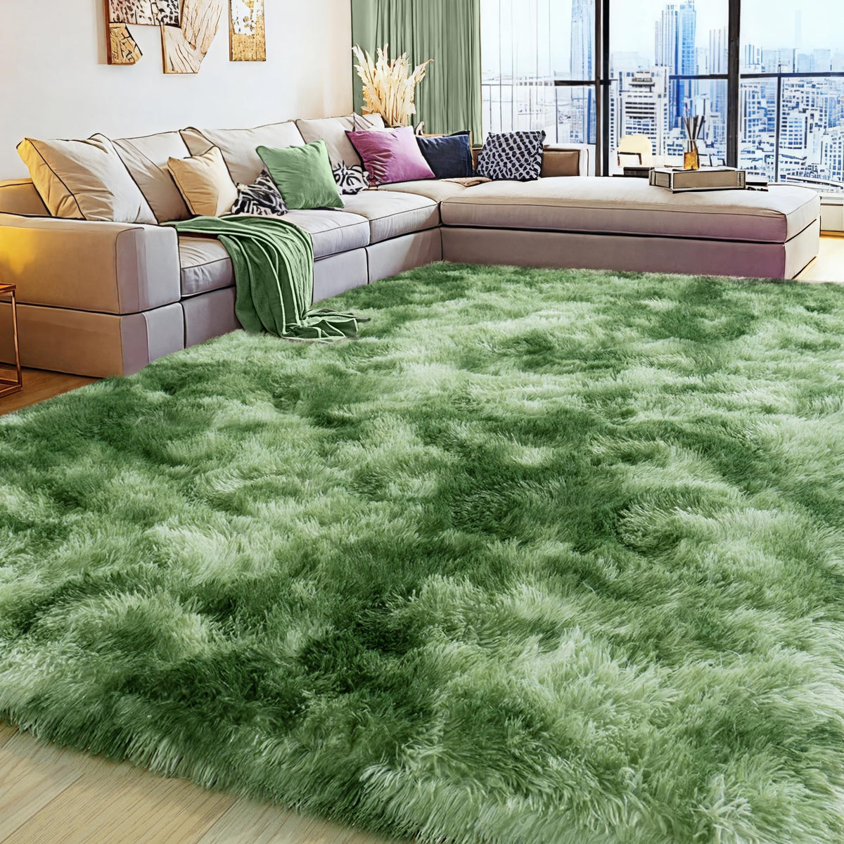 Large 8x10 Area Rugs for Living Room, Tie-Dyed Yellow Soft Shag Rug
