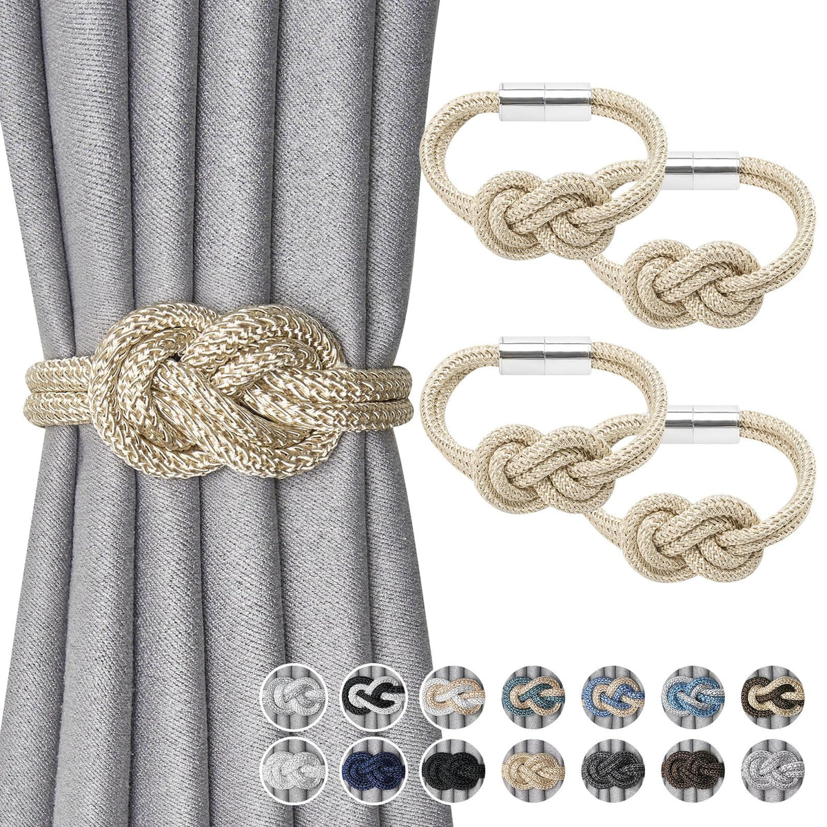 NICEEC 2 Pack Mini Magnetic Curtain Tiebacks Nordic Simple Style Drape Tie Backs Elegant Hand Weave Rope Knot Decorative Curtain Holdbacks for Home & Office Thin Window Drapery (Silver Grey)
