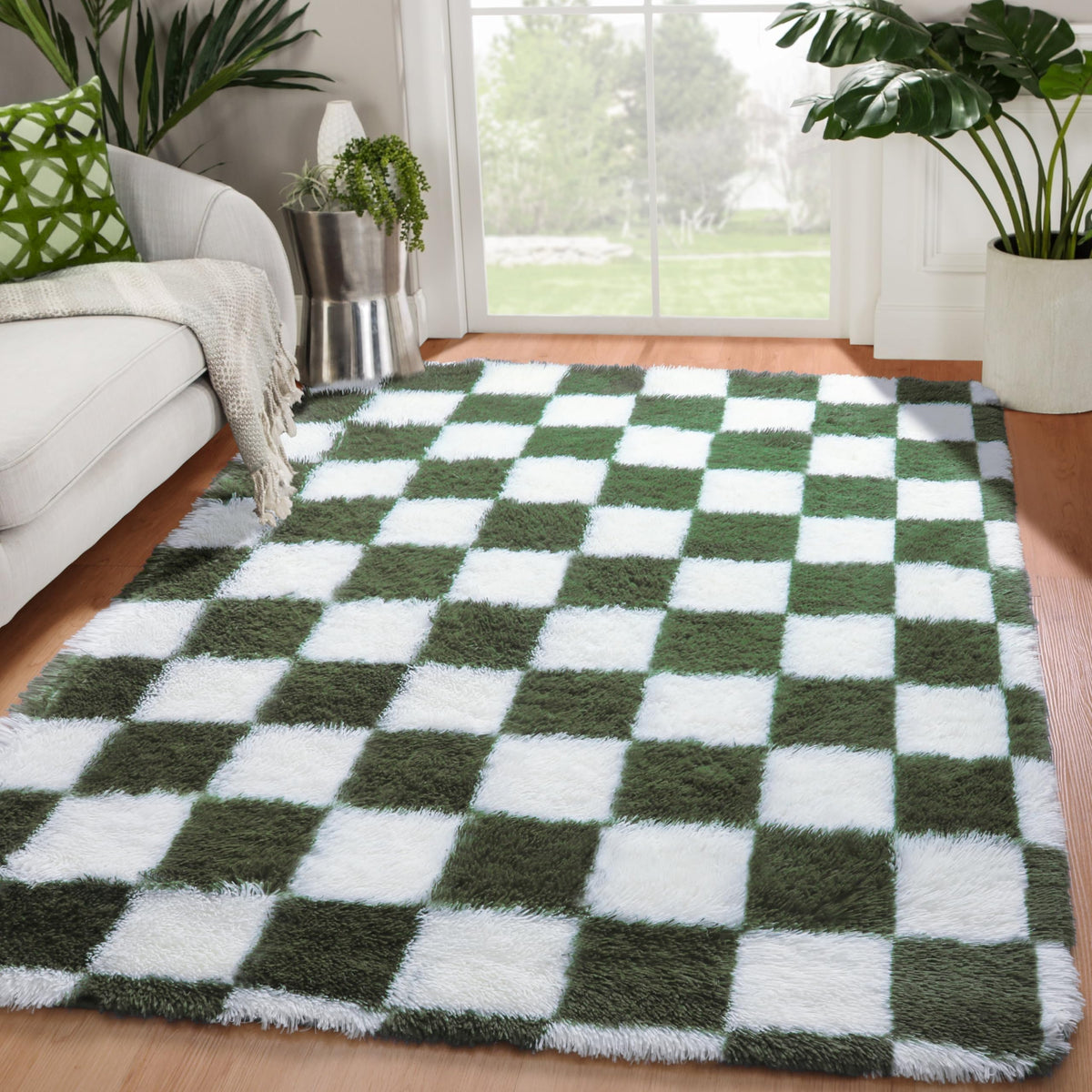 KICMOR Area Rugs 8x10 for Living Room, Large Fluffy Beige and Cream White Checkered Rug Big Fuzzy Shag Shaggy Carpets for Bedroom, Soft Plush Furry Rug for Boy Girls Room Dorm Home Decor Aesthetic