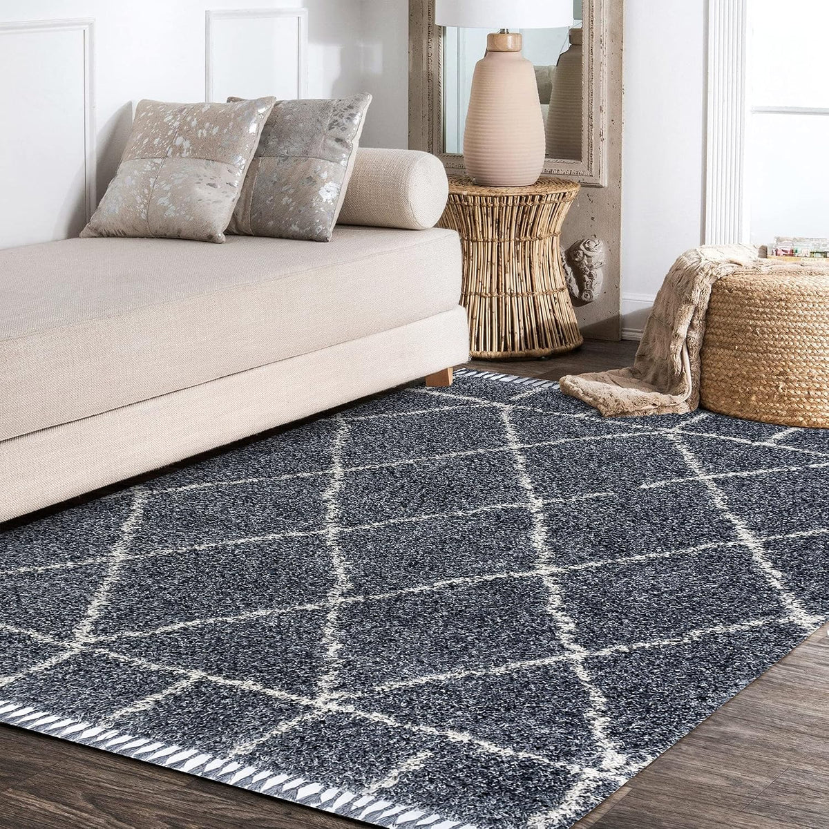 JONATHAN Y Mercer Shag Plush Tassel Blue/Cream Indoor Area Rug, 8x10, Moroccan Geometric Trellis, Easy-Cleaning for Living Room, Bedroom, Kitchen, Pet Friendly, Non-Shedding (MCR101A-8)
