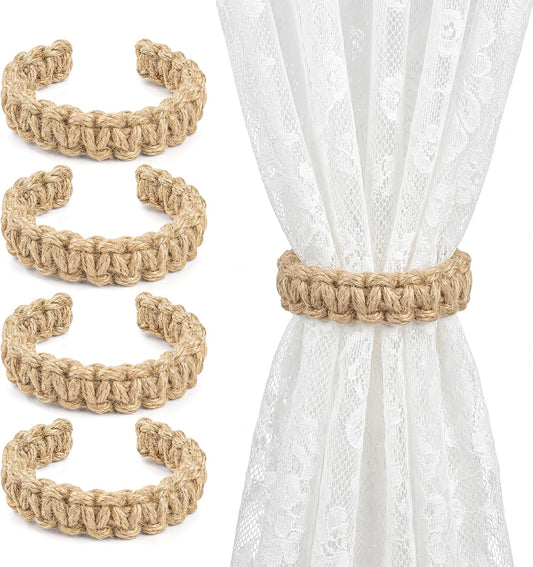 Boho Curtain Tiebacks, Braided Curtain Holdbacks, Brown, 4 Pcs