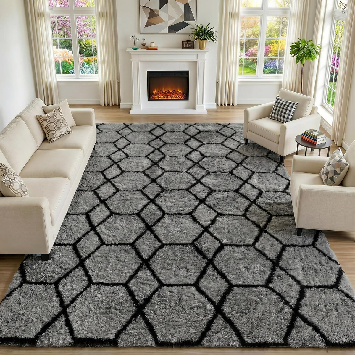 Area Rugs for Living Room Bedroom, 5x8 Fluffy Tie-Dyed Light Grey Shag Rug