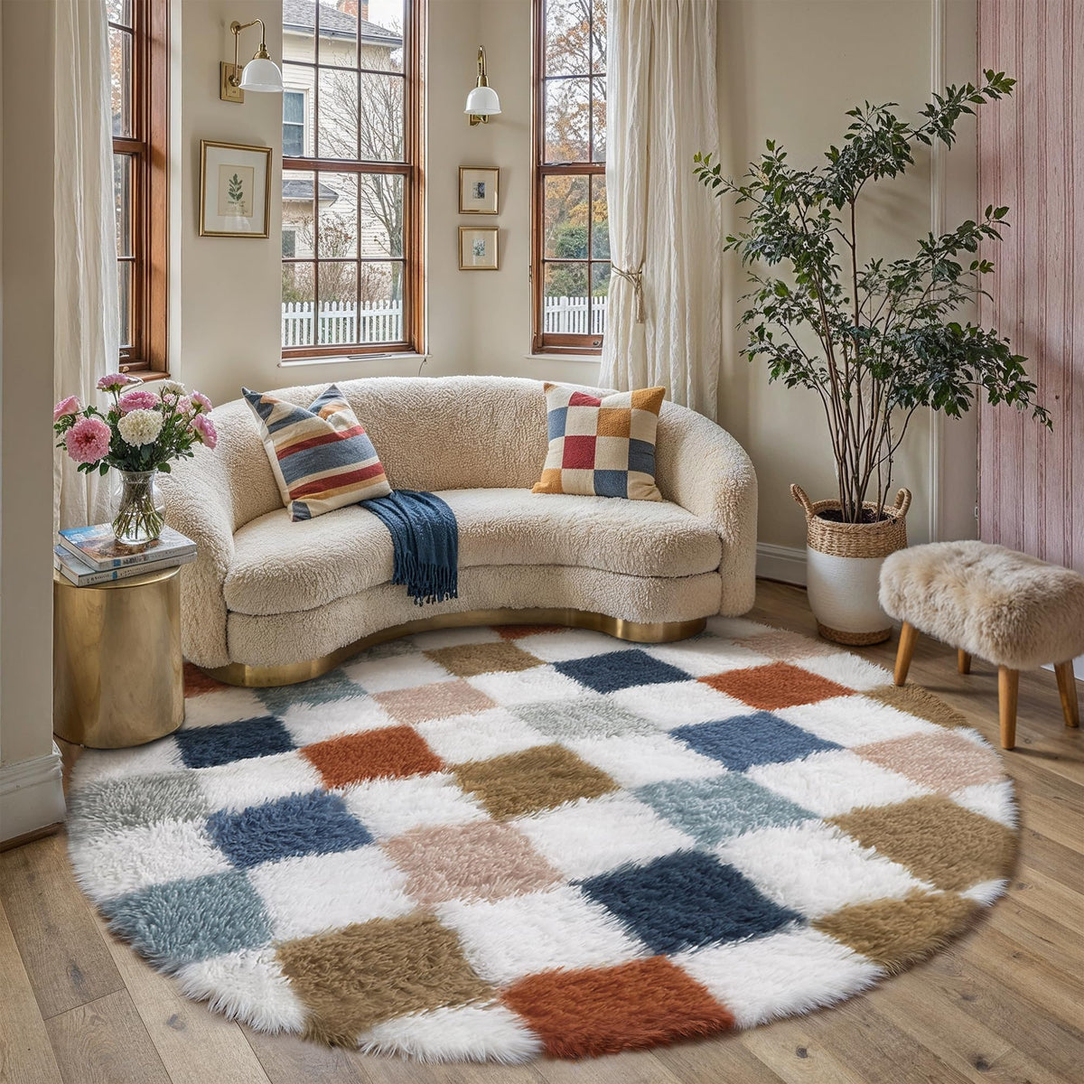 PureCozy Beige 8x10 Area Rug for Living Room Soft Checkered Shag Carpet