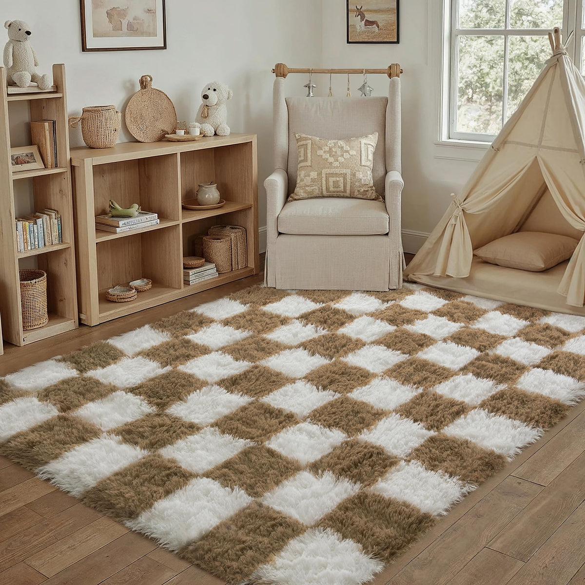 PureCozy Beige 8x10 Area Rug for Living Room Soft Checkered Shag Carpet