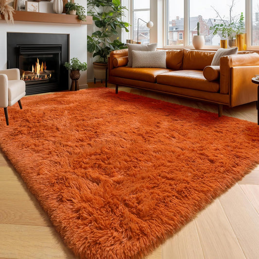 Amdrebio Burnt Orange Shag Plush Large Area Rug 6x9 for Living Room Bedroom