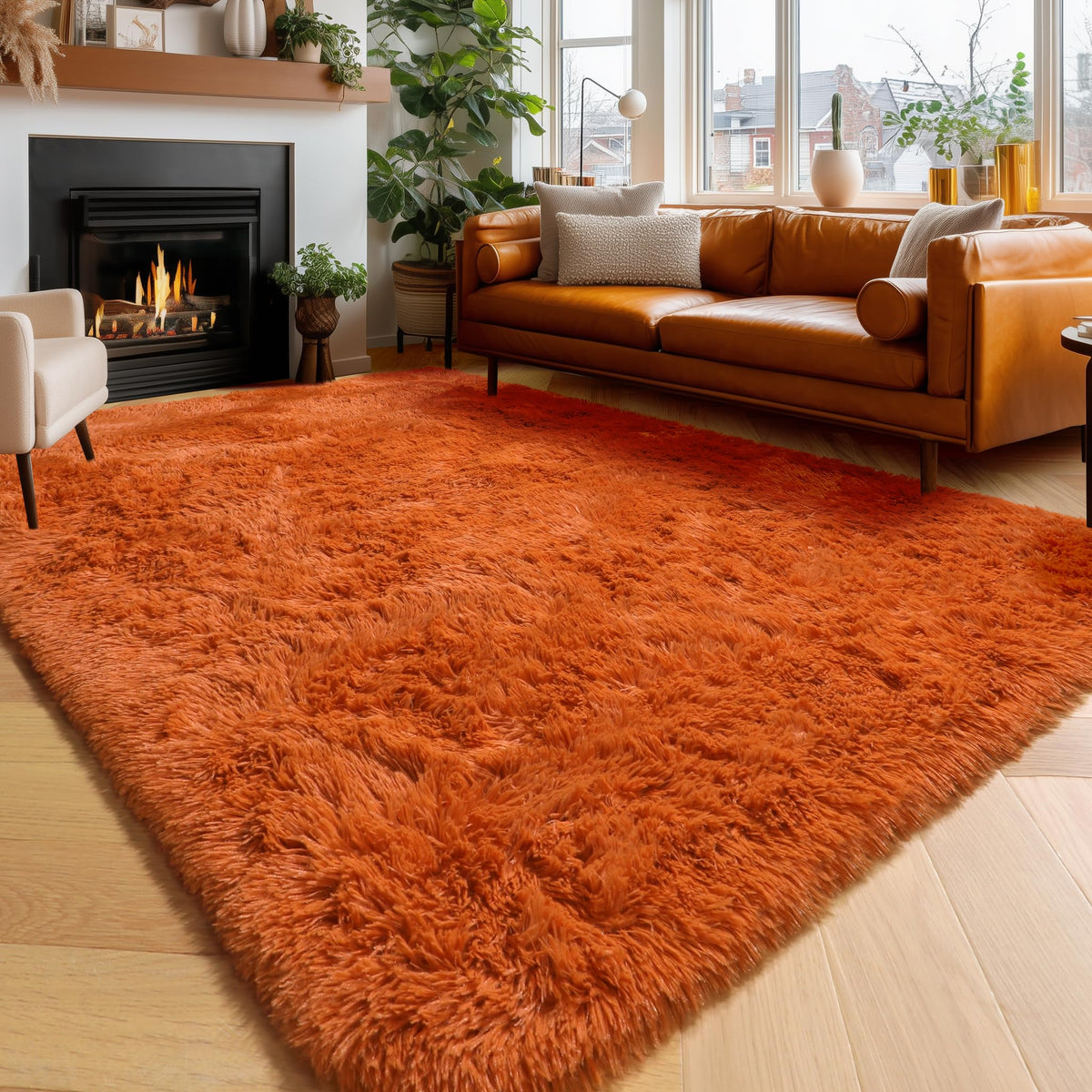 Amdrebio Burnt Orange Shag Plush Large Area Rug 6x9 for Living Room Bedroom