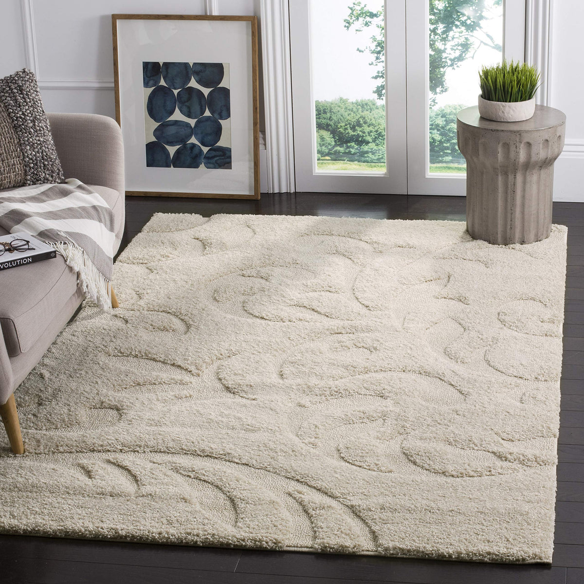 SAFAVIEH Florida Shag Collection Area Rug - 8'6" x 12', Creme & Creme, Scroll Design, Non-Shedding & Easy Care, 1.2-inch Thick Ideal for High Traffic Areas in Living Room, Bedroom (SG468-1111)